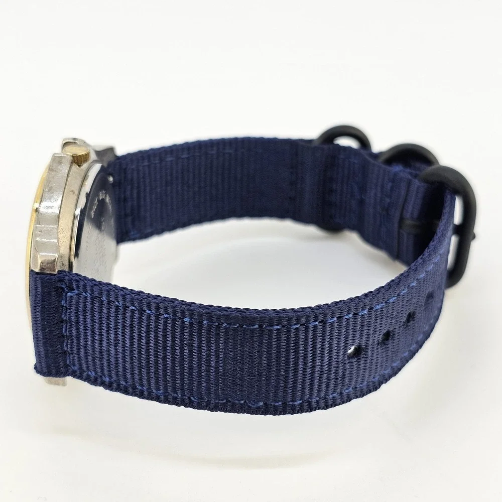 VTG Jordache Unisex‎ Watch 38MM Cream Dial DayDate NEW Blue Nylon Bands Battery